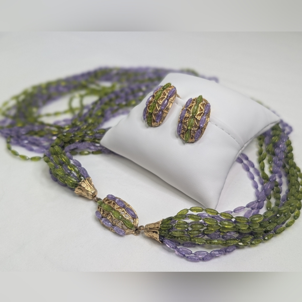 Vintage Purple And Green Statement Necklace & Earrings Set - Estate Jewelry - Picture 7 of 10